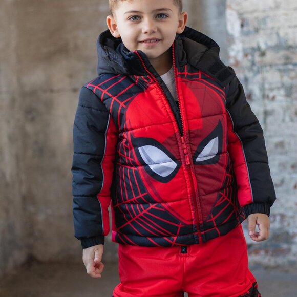 NWT Marvel Spider-Man Toddler Boys Zip Up Puffer Jacket Red/Black 4T - Picture 6 of 9